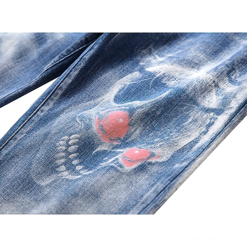 Gothic skull denim jeans alternative streetwear styling and construction detail