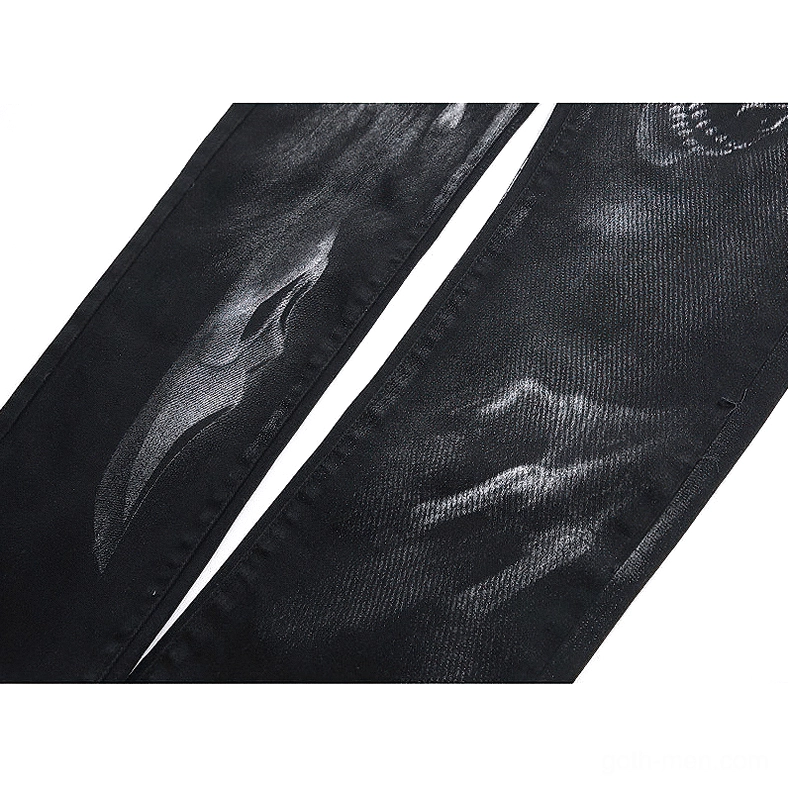 Partial view of black gothic denim with ghost hand printed design detail