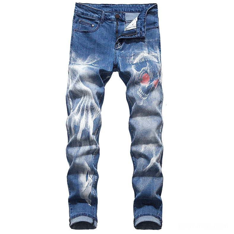 Light blue skinny denim jeans with red-pink eyed skull print and artistic bleached details