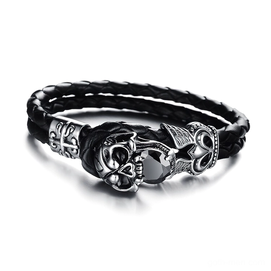 Gothic skull charm leather bracelet front view with black cubic zirconia stone detail, stainless steel skull ornament on braided PU leather