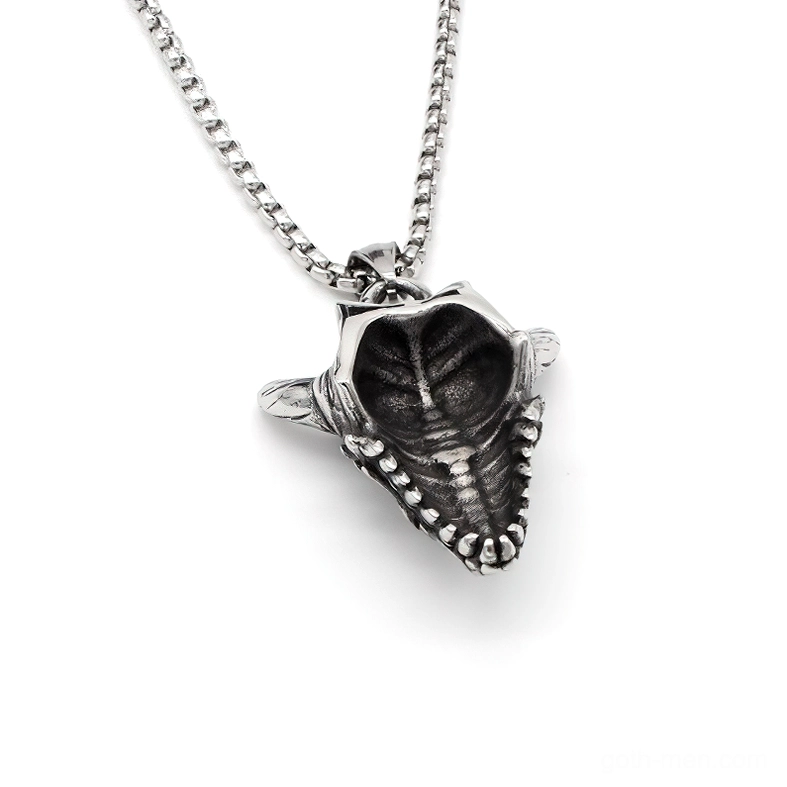 Back view of horned demon skull pendant revealing hollow jaw cavity interior detail and craftsmanship