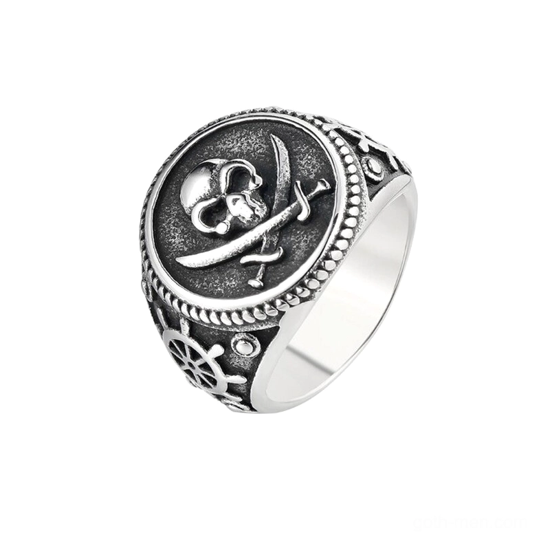 Gothic skull pirate signet ring with crossed swords and ship wheel detail, silver-tone stainless steel, front three-quarter view
