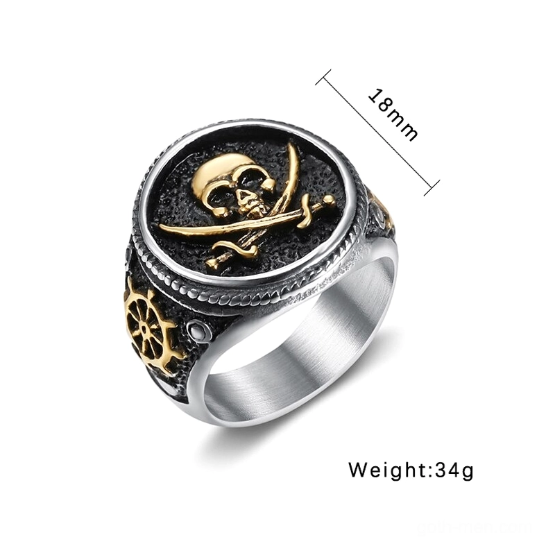 Stainless steel gothic skull signet ring showing 18mm width and detailed crossed swords design with braided frame