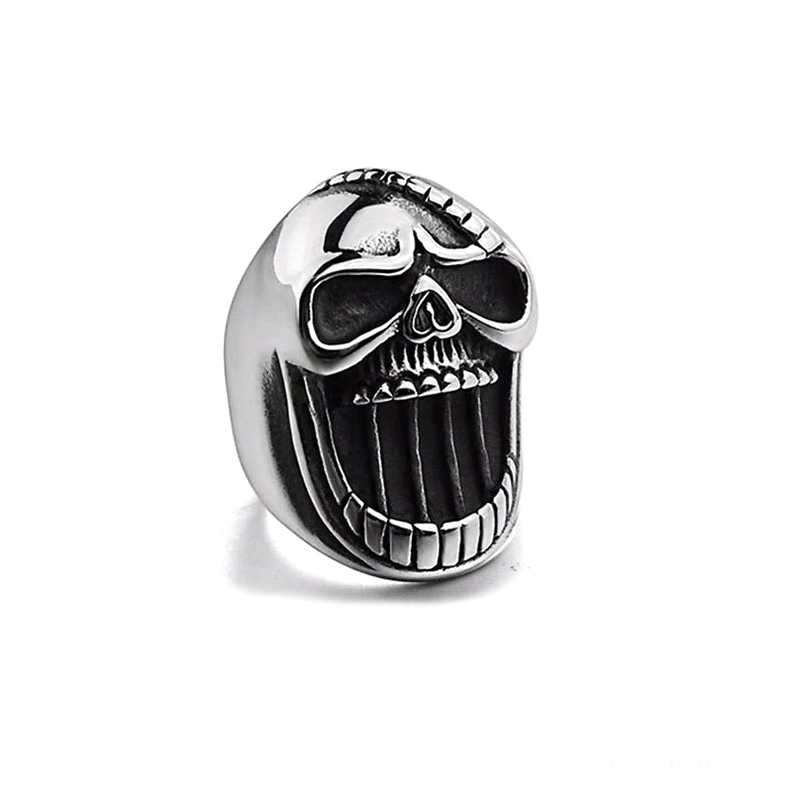 Front oblique view of gothic skull ring showing intricate carved bone structure and vintage detailing