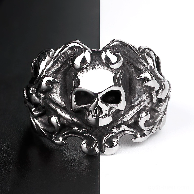 Gothic skull ring polished stainless steel floral design contrasting background split view