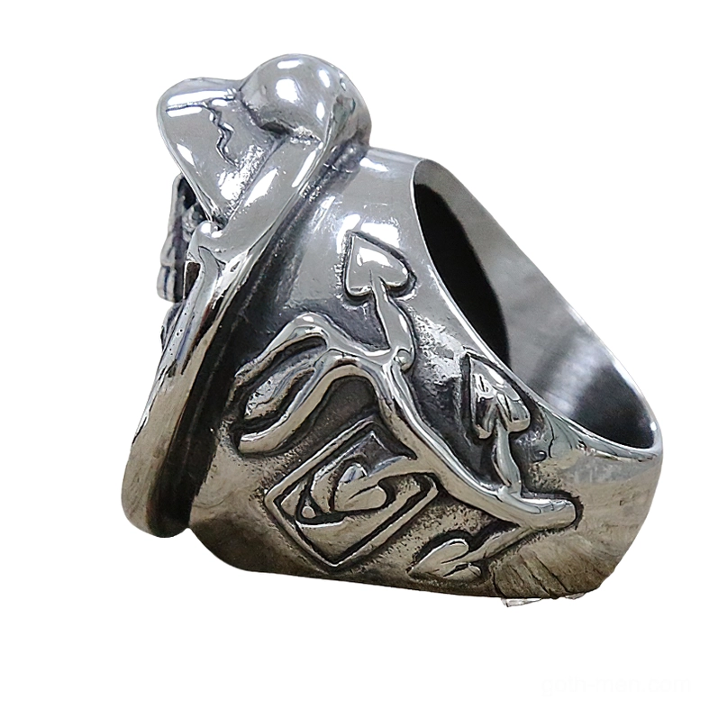 Gothic skull revolver ring side profile showing carved band details and inner walls