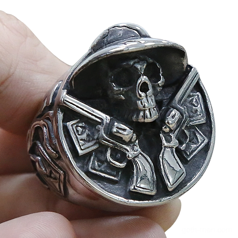 Gothic skull cowboy ring on finger showing wearing effect and complete embossed details
