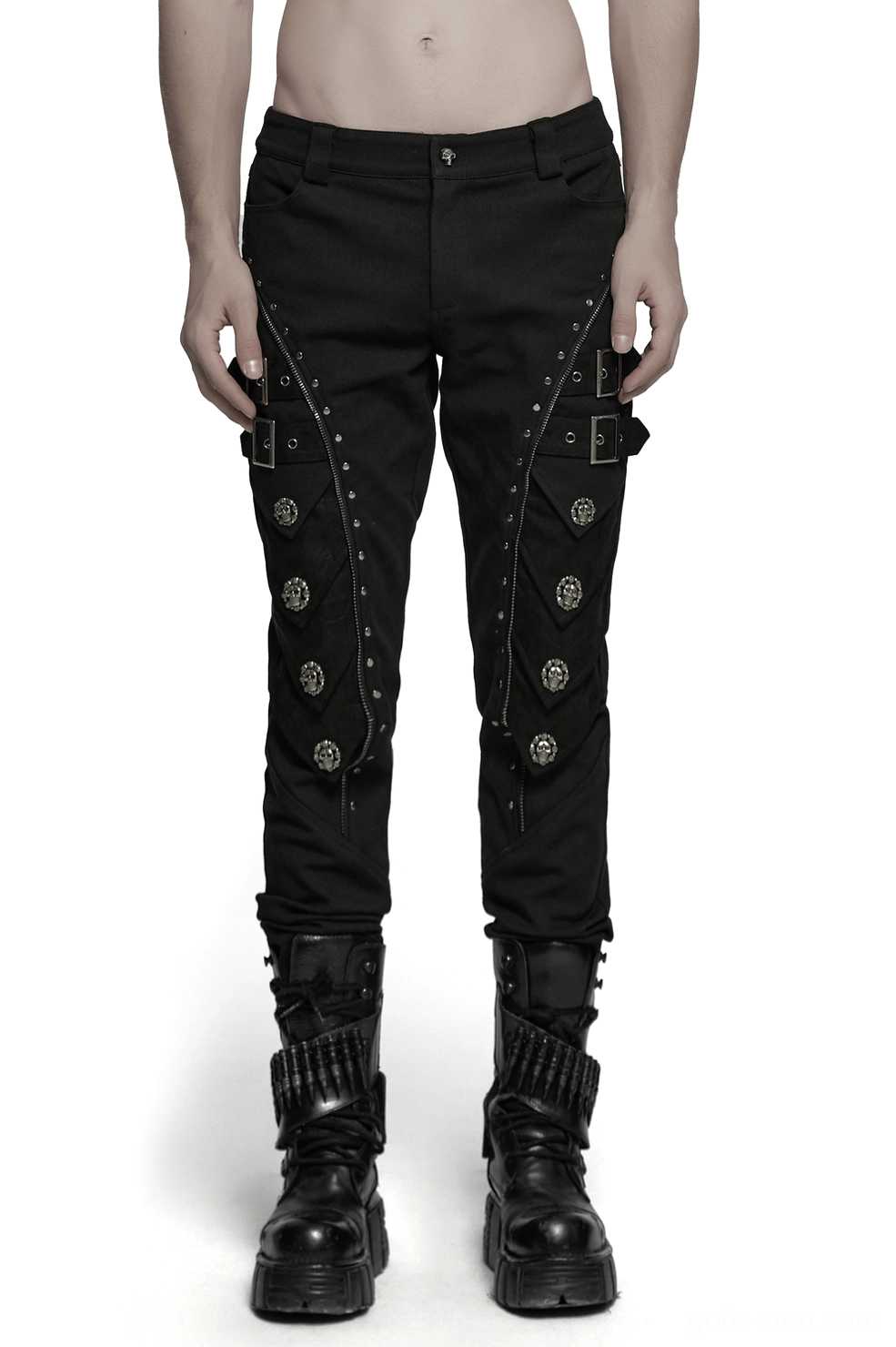 Skull rivet gothic black pants front view slim fit on male model studio photography