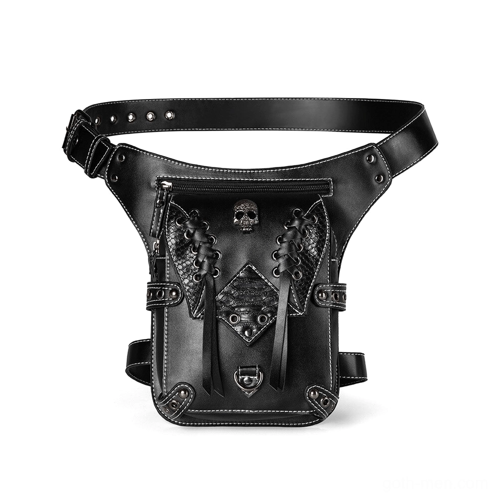 Gothic skull leather thigh bag front view with metal ornament and contrast stitching on white background