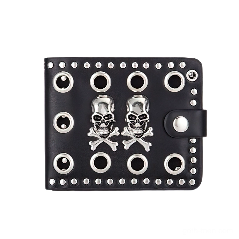 Black gothic men's wallet with dual skulls and silver rivets - front view flat lay