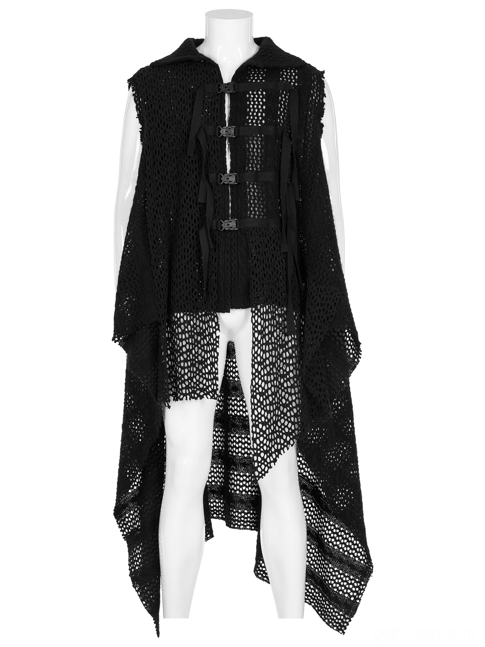 Sleeveless hooded dystopian cape showing inner mesh underlayer and structural design elements