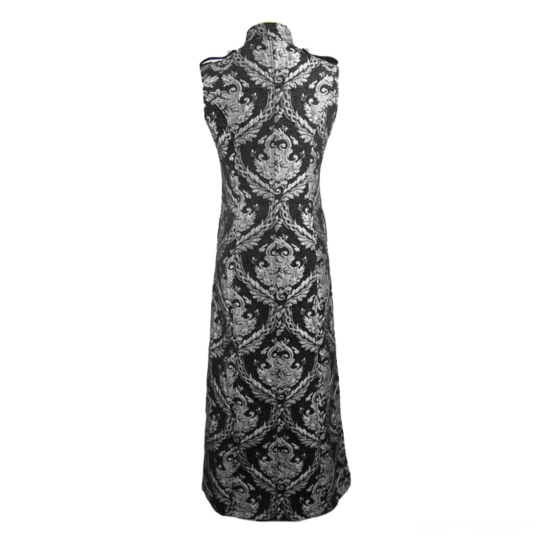 Black silver damask jacquard gothic sleeveless coat back view on dress form showing full pattern