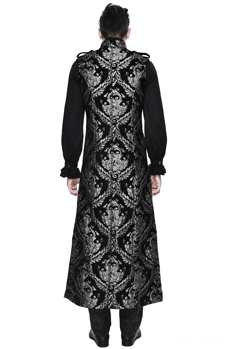 Black silver jacquard gothic sleeveless coat back view showing full damask pattern worn by male model