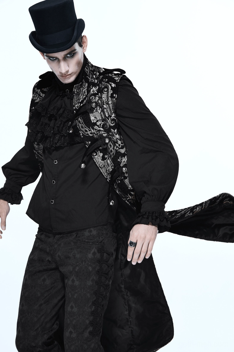 Black silver jacquard gothic sleeveless coat collar and shoulder structure on display
