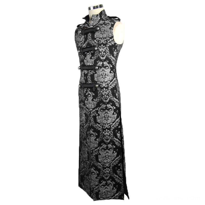 Gothic sleeveless coat front frog button closures and side slits detail on display form