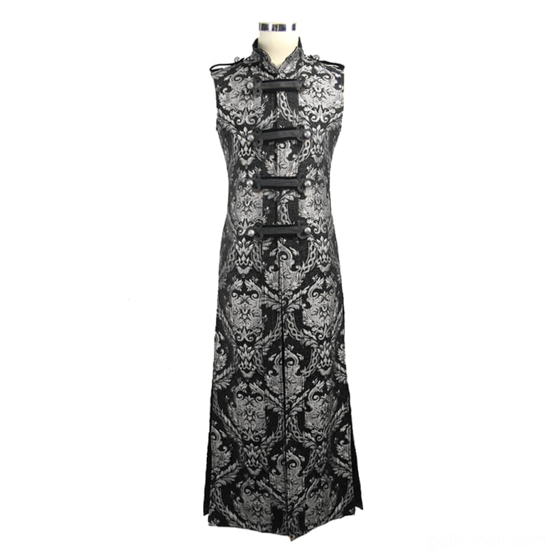 Black silver jacquard gothic sleeveless long coat front view on dress form with stand collar and frog buttons