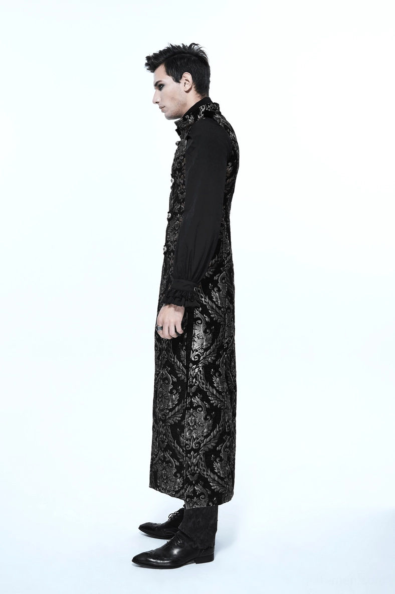 Gothic sleeveless coat lower hem and lower hem width showing draped silhouette