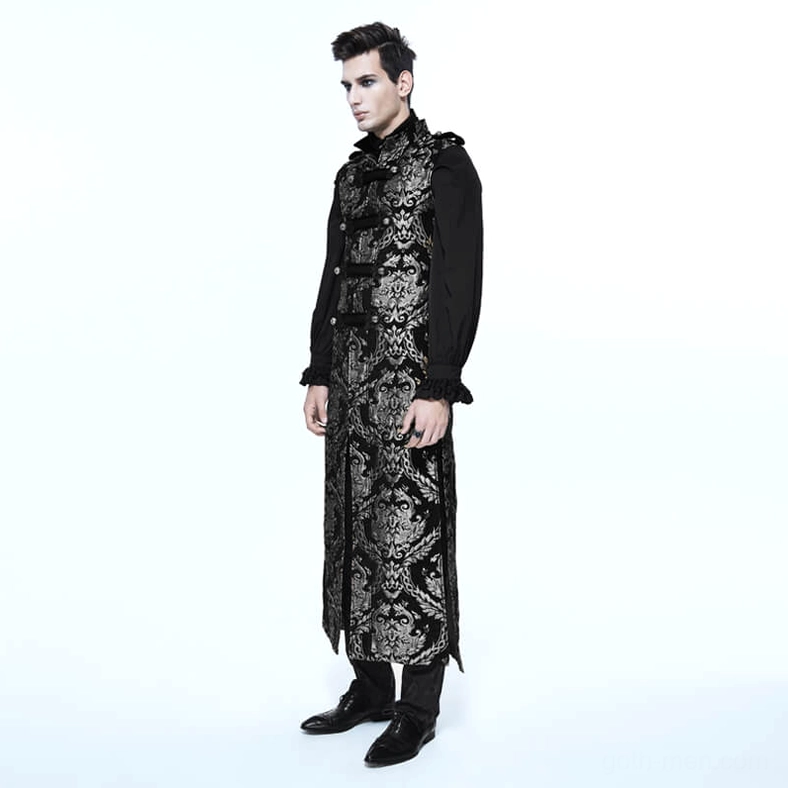 Black silver jacquard gothic sleeveless coat interior construction and lining detail