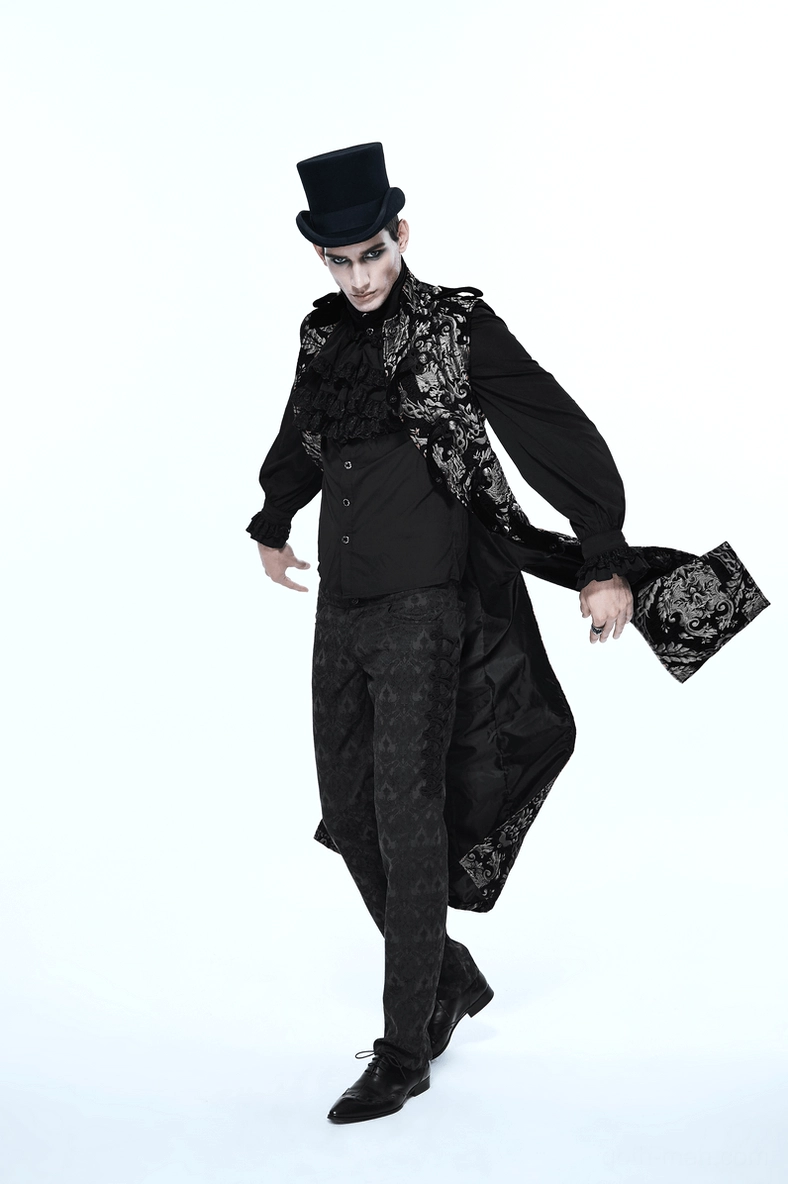 Full damask jacquard pattern texture detail on black gothic sleeveless coat fabric