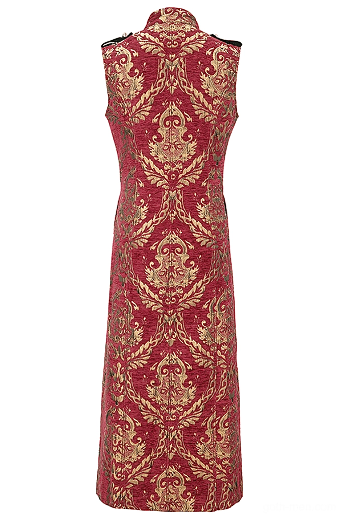 Men's gothic sleeveless long coat rear view showing full coverage of embossed gold damask pattern, tailored fitted silhouette, and dramatic full-length hem