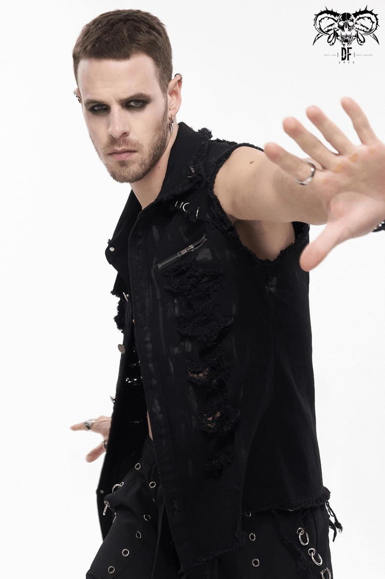 Gothic sleeveless shirt alternative angle showcasing overall distressed design with metal embellishments and fitted silhouette