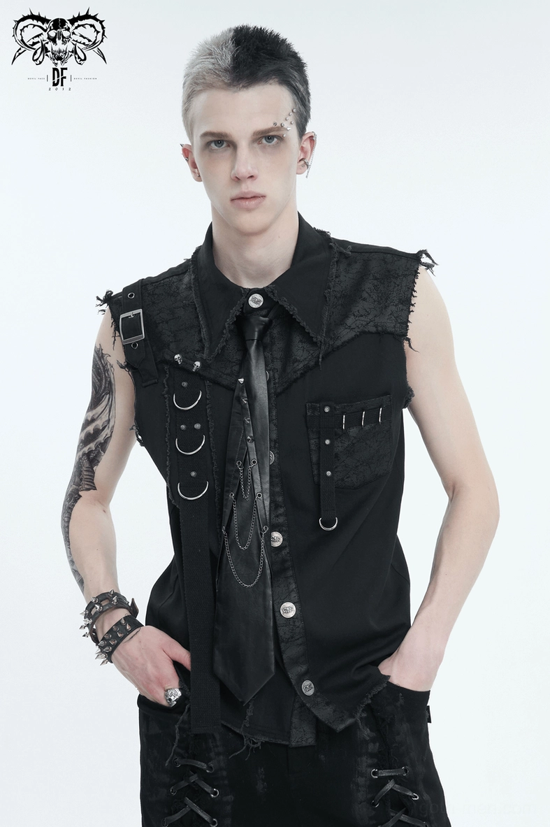 Black gothic button-front sleeveless shirt styled detail view highlighting asymmetrical metal placement
