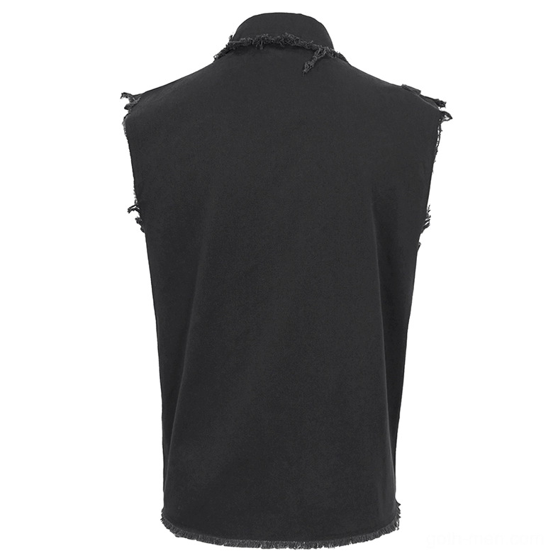 Back view of black gothic sleeveless shirt on mannequin with frayed collar and hem edge details