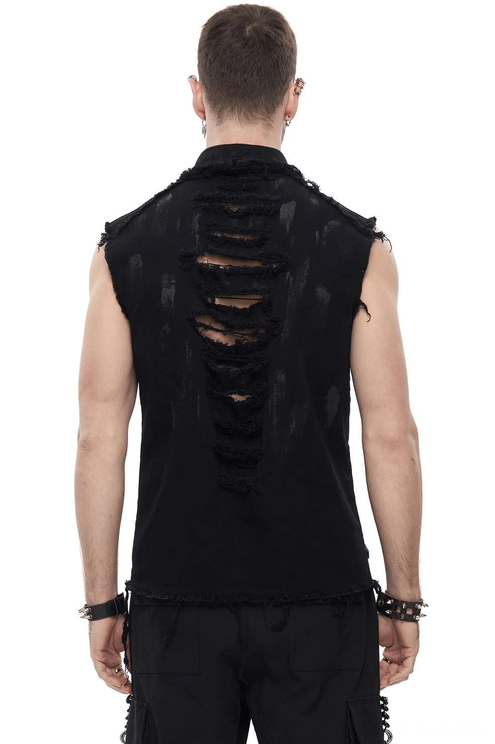 Gothic sleeveless shirt back view displaying hollowed-out ripped back panels and frayed hem with industrial aesthetic