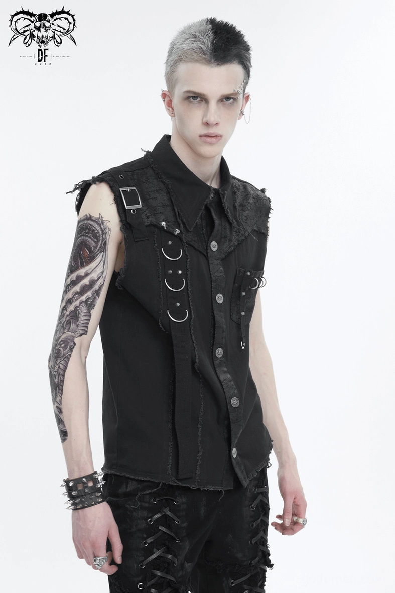 Gothic sleeveless shirt close-up showing button front closure and metal embellishment design