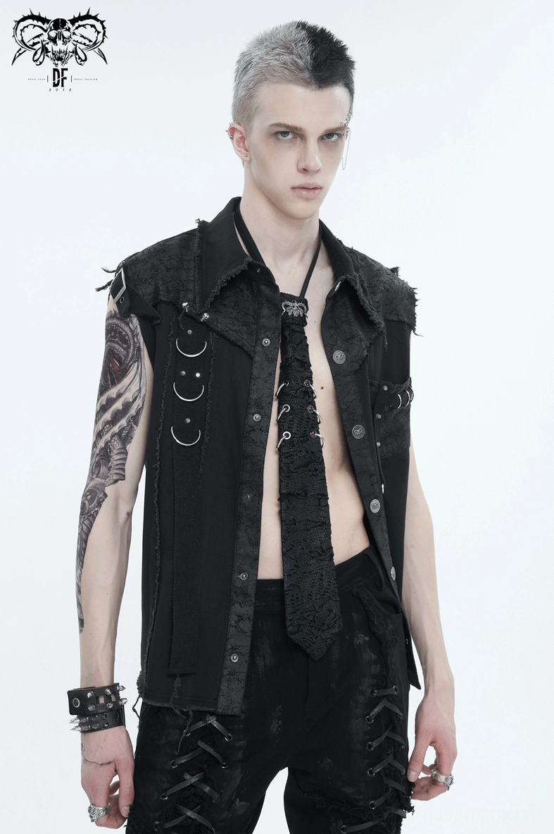 Gothic button-front sleeveless shirt detail emphasizing chest pocket metal strap and stud work