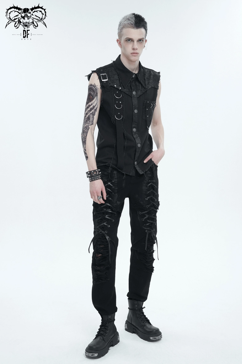 Black gothic sleeveless shirt styled view showing metal D-ring placement and frayed edge details