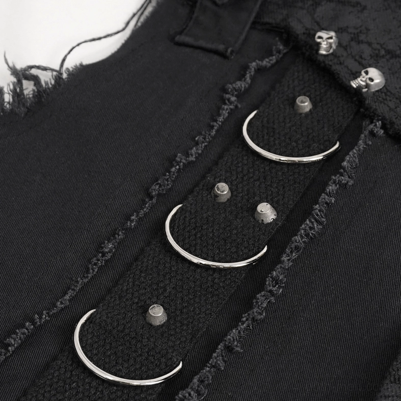 Close-up top detail of gothic sleeveless shirt featuring metal D-rings, skull stud decorations, and frayed fabric edges