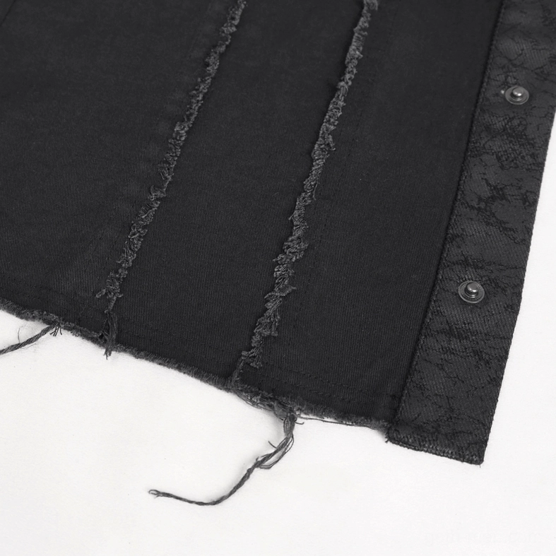 Close-up side detail of gothic shirt displaying black woven fabric, frayed seam trims, and metal snap buttons