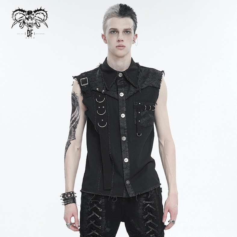 Gothic sleeveless shirt fabric detail showing woven texture, metal accents, and frayed seam construction