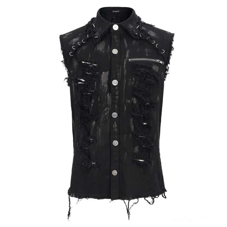 Men's gothic distressed sleeveless shirt flat lay front view showing metal ring decorations and chest zipper pocket detail
