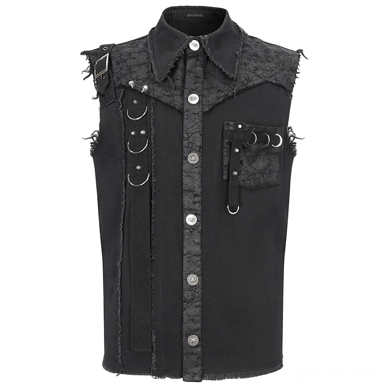 Gothic button-front sleeveless shirt flat lay showing metal buttons, lace collar panel, and decorated chest pocket