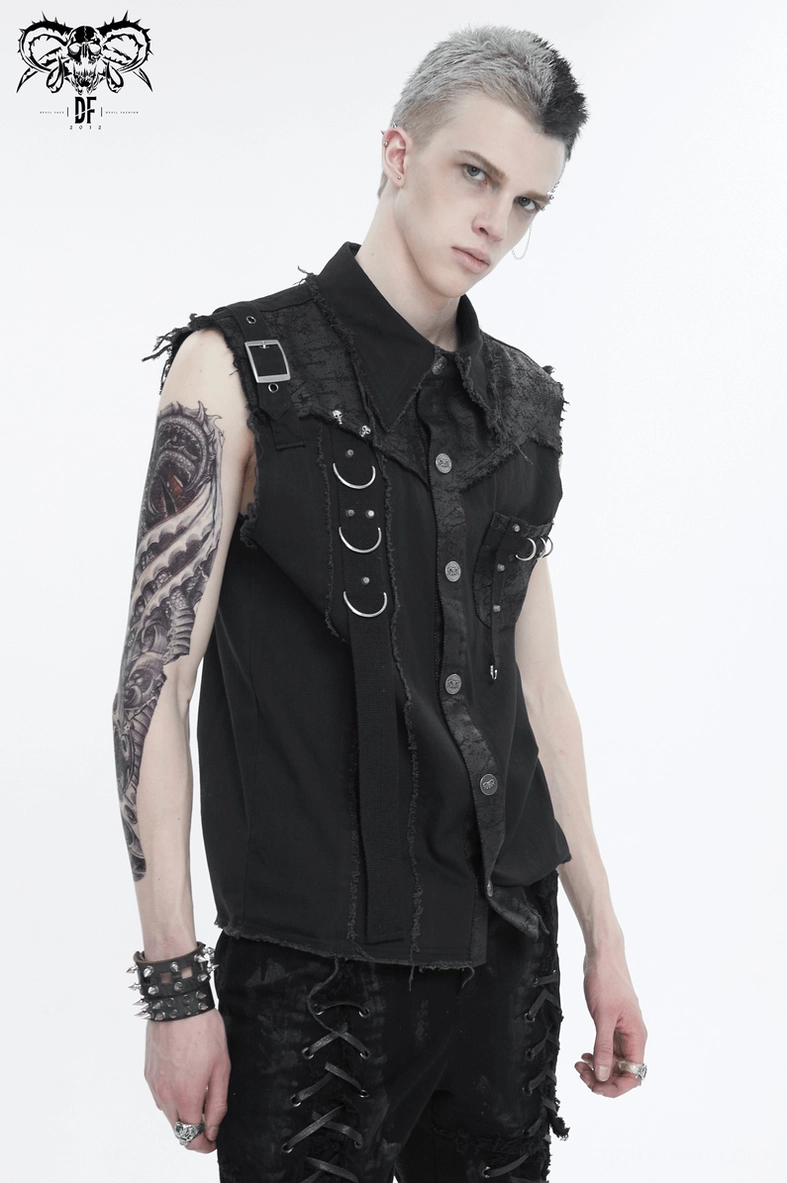 Black gothic sleeveless shirt full body view displaying overall fit and metal decoration arrangement