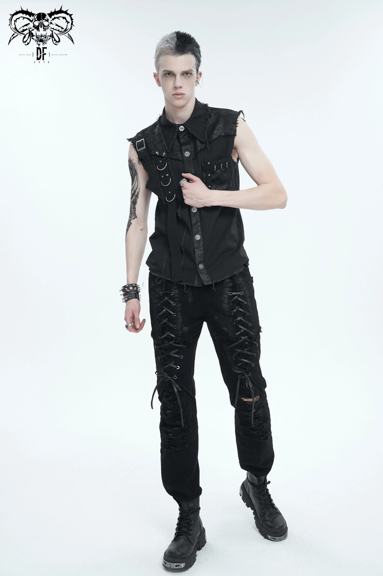 Gothic sleeveless shirt detail photograph highlighting leather strap buckle and ornamental metal work