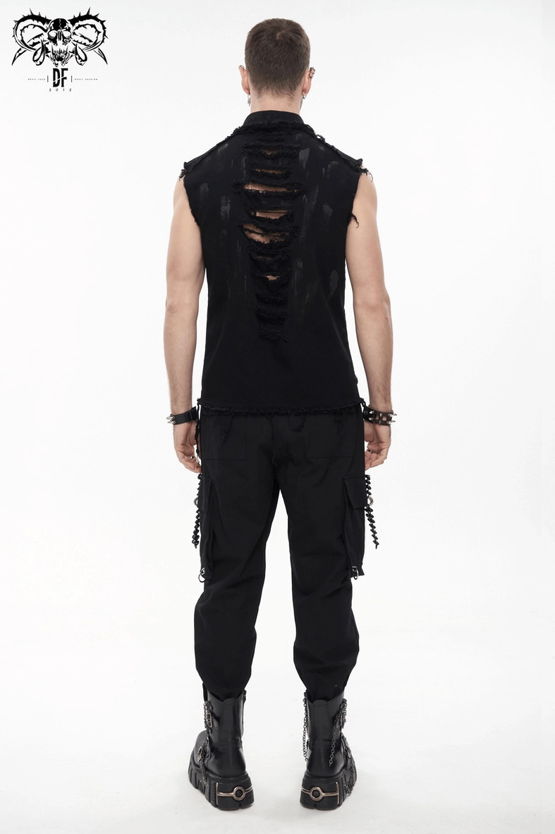 Men's gothic sleeveless shirt design perspective showing metal C-ring accents, frayed edges, and alternative fashion aesthetic