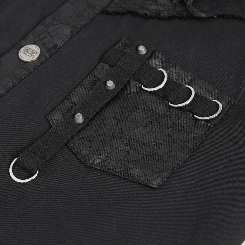 Gothic button-front sleeveless shirt detail showing metal hardware embellishments and texture composition