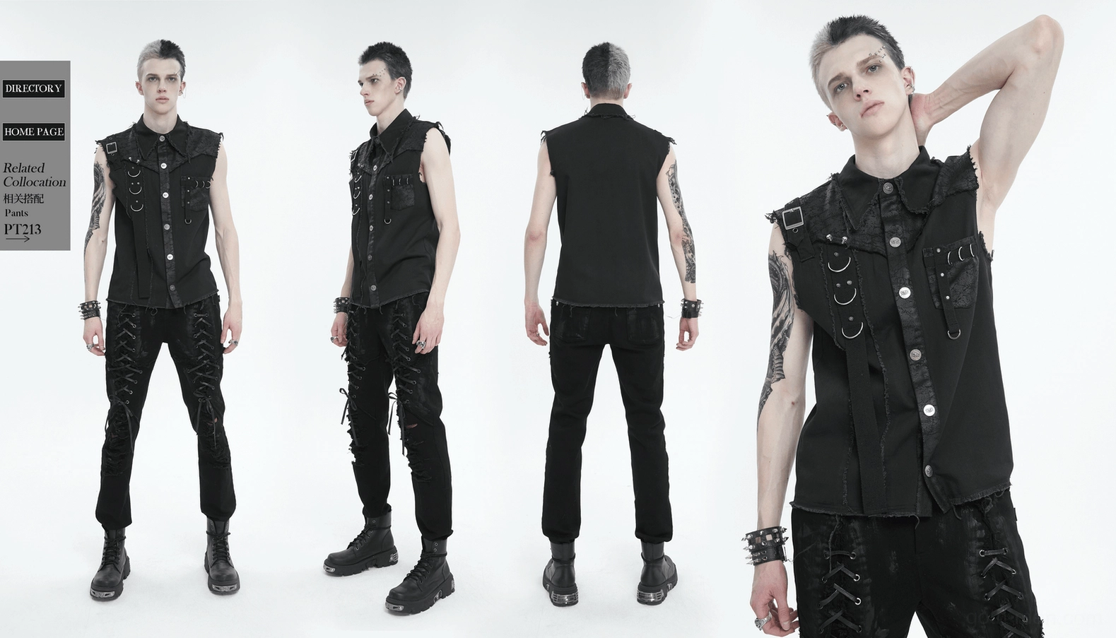 Gothic sleeveless shirt front detail emphasizing metal buttons, lace panels, and overall punk aesthetic construction