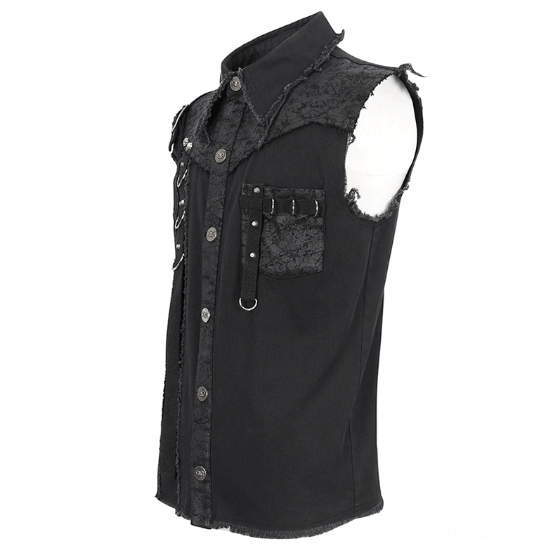 Gothic sleeveless shirt right side view showing decorated chest pocket with metal strap and stud embellishments
