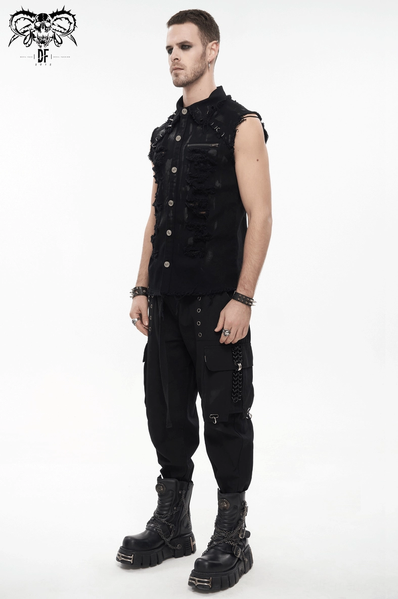 Men's gothic sleeveless shirt presentation showing ripped sleeveless design with metal button placket and frayed finishing