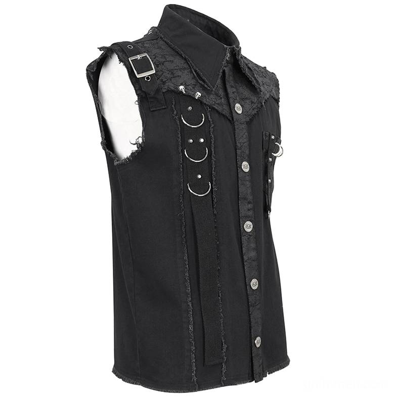 Black gothic sleeveless shirt left side view on mannequin featuring shoulder strap buckle and vertical metal ring decorations