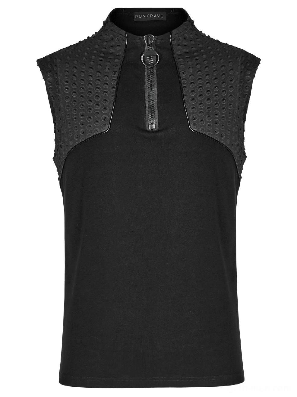 Front flat lay of embossed gothic tank top with prominent ring zipper pull and black fabric texture