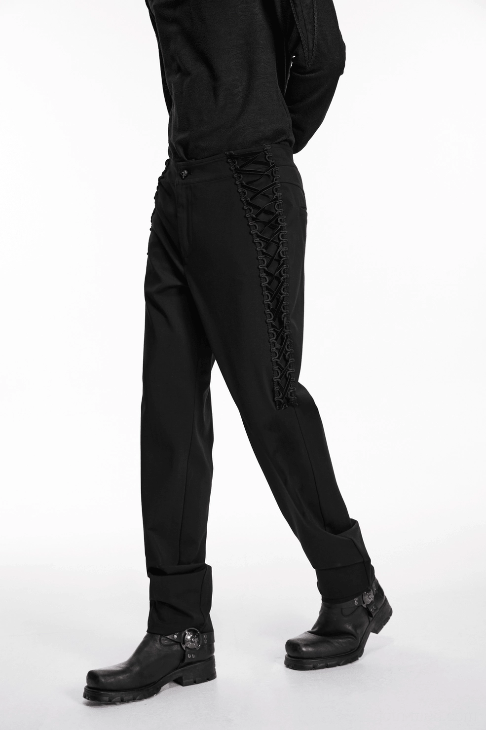 Product photograph of gothic black pants displaying tapered leg fit and premium viscose-polyamide blend fabric