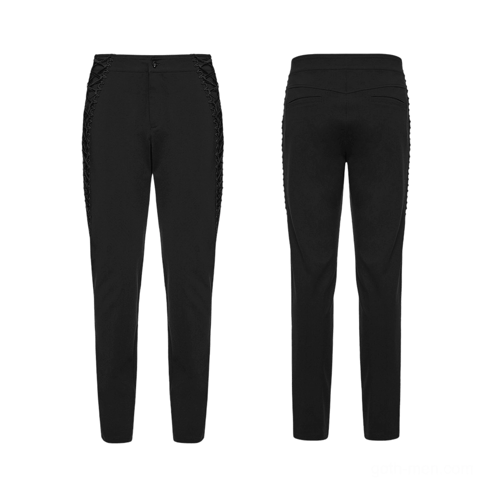 Gothic high-waist black slim pants flat lay front view showing tapered leg and side lace design detail