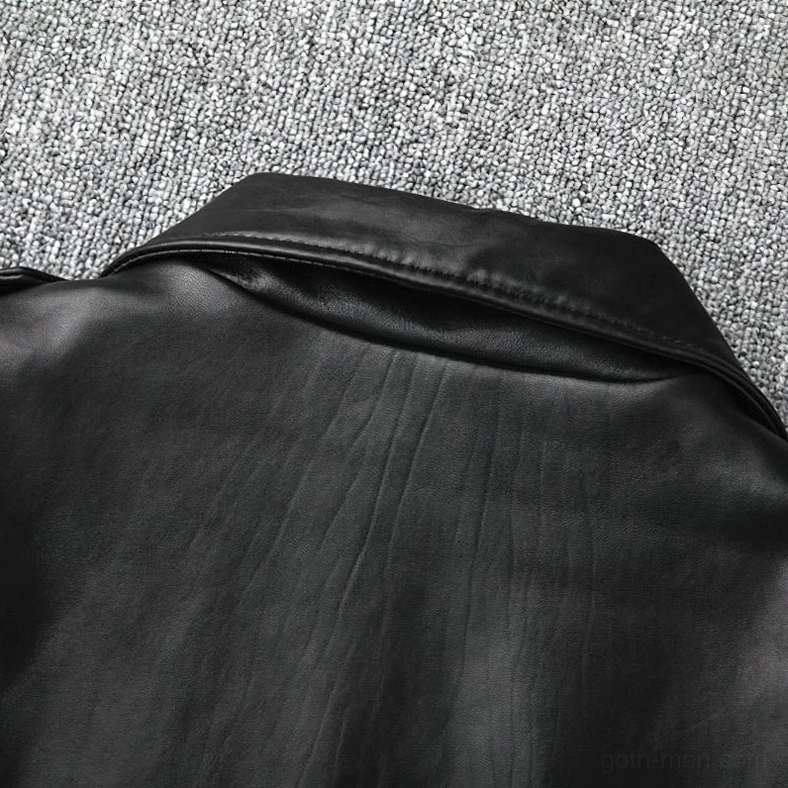 Gothic slim fit biker jacket full front view black genuine leather moto style