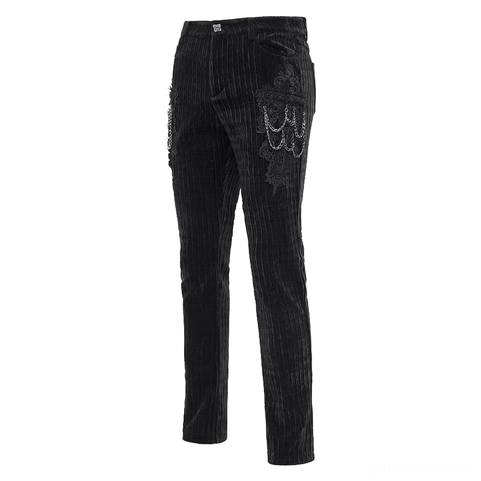 Black gothic trousers with embroidered cross and silver chain pocket decoration - left side rear angle