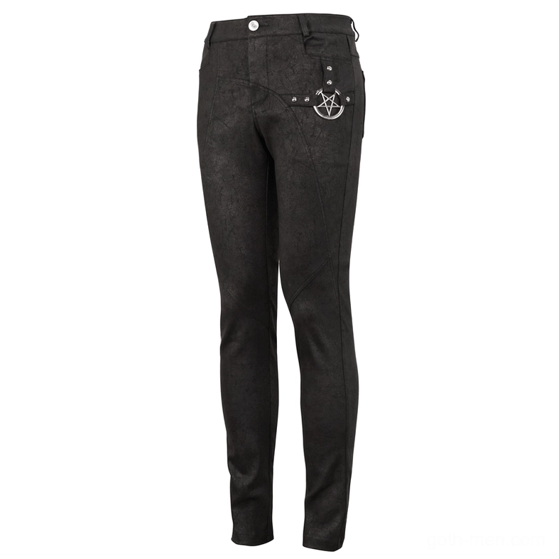 Front view gothic slim pants metal pentagram side hip decoration close detail